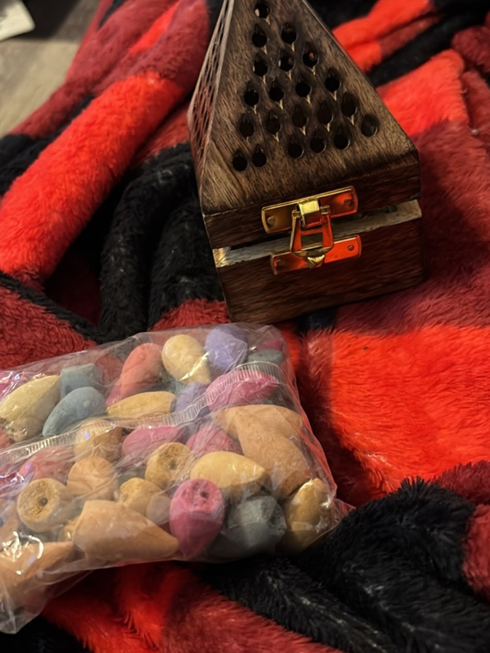 Wooden Incense Burner Box with Assorted Colored Cones